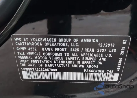 2014 Volkswagen Passat 2.0L Tdi Se from USA, damaged, VIN 1VWBN7A32EC057069